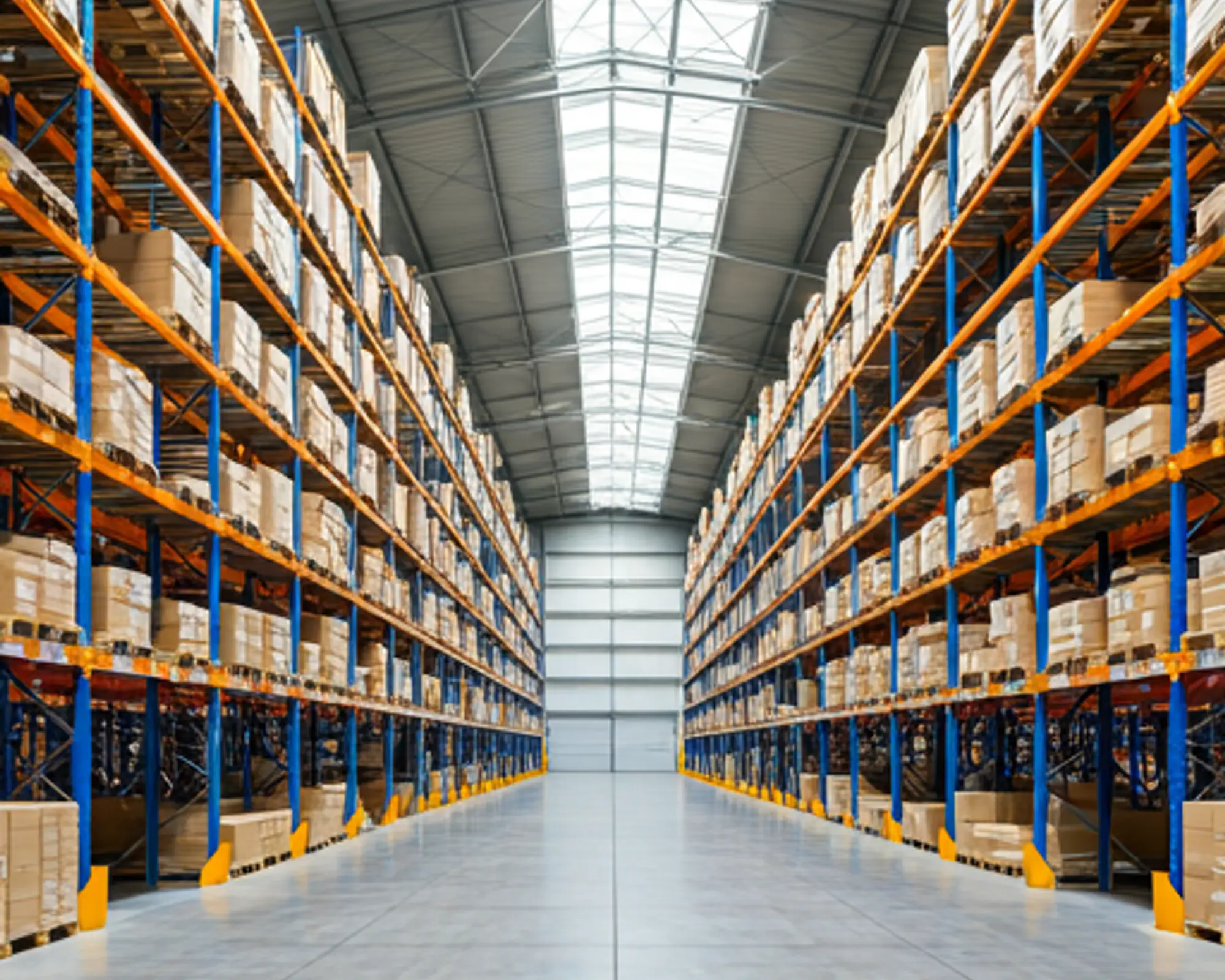 Wide angle interior of a clean, modern high-tech warehouse with organized shelving and bright natural skylights