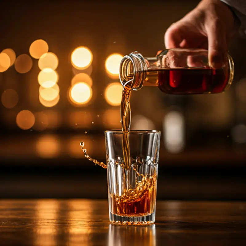 Professional barista pouring flavored syrup into a glass with dramatic splashes and warm bokeh background
