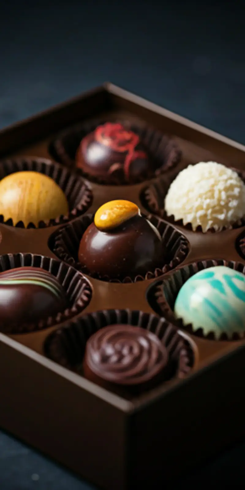 Close-up of premium colorful artisanal chocolates in a luxury gift box with soft cinematic lighting