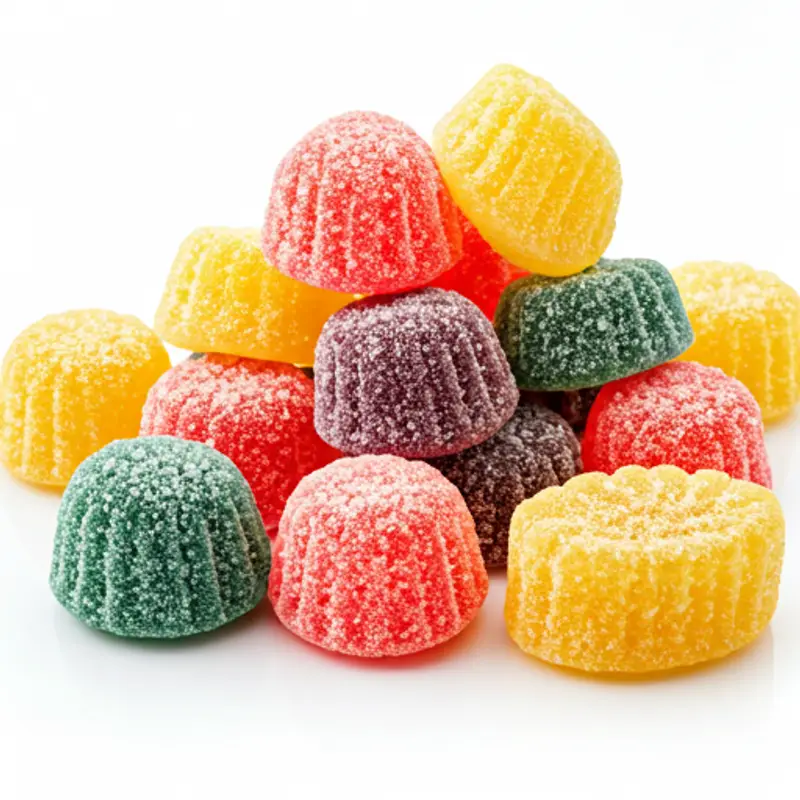 Glistening sugar-coated gummy candies in various fruit shapes piled high under bright studio lights
