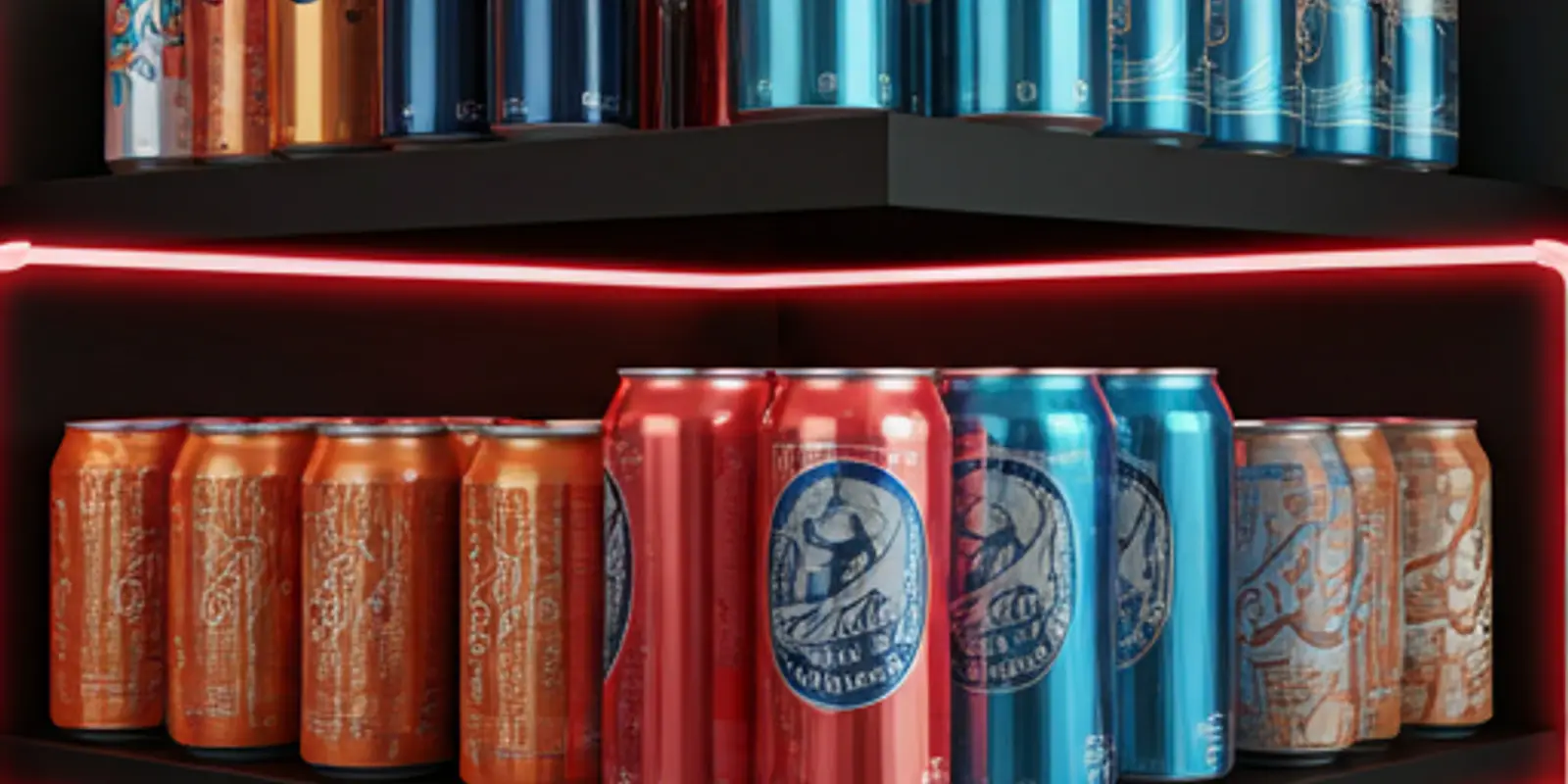 Modern retail shelf display of assorted colorful soft drink cans and imported sodas with neon highlights