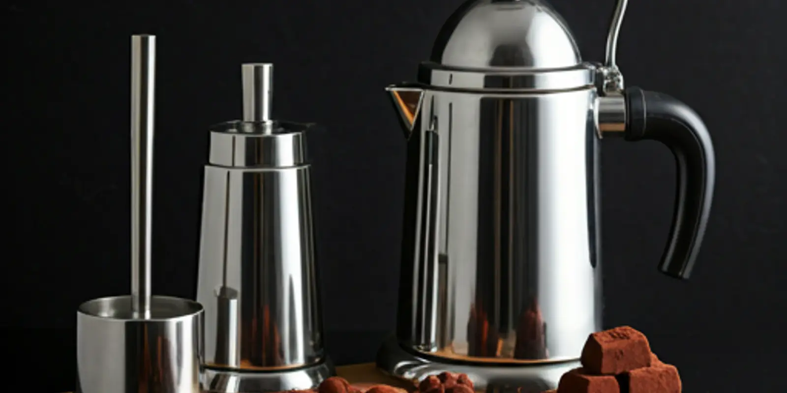 Elegant display of chocolate truffles and high-end hotel chocolate brewing equipment in a minimalist setting